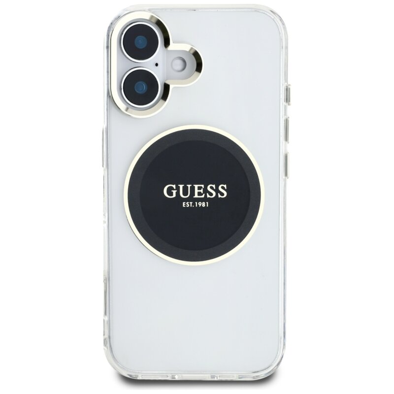 Husa iPhone 16 originala Guess IML Metal Colored Circle MagSafe, negru, GUHMP16SHTDRCEDK