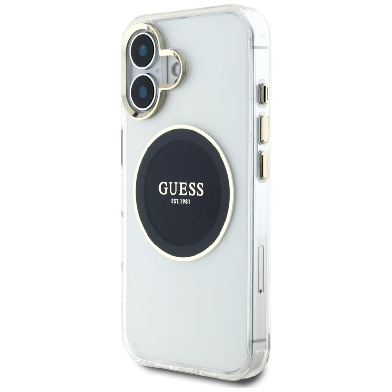 Husa iPhone 16 originala Guess IML Metal Colored Circle MagSafe, negru, GUHMP16SHTDRCEDK