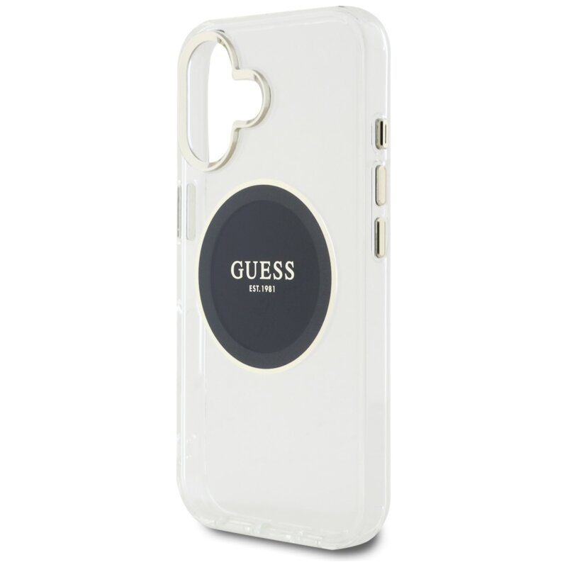 Husa iPhone 16 originala Guess IML Metal Colored Circle MagSafe, negru, GUHMP16SHTDRCEDK