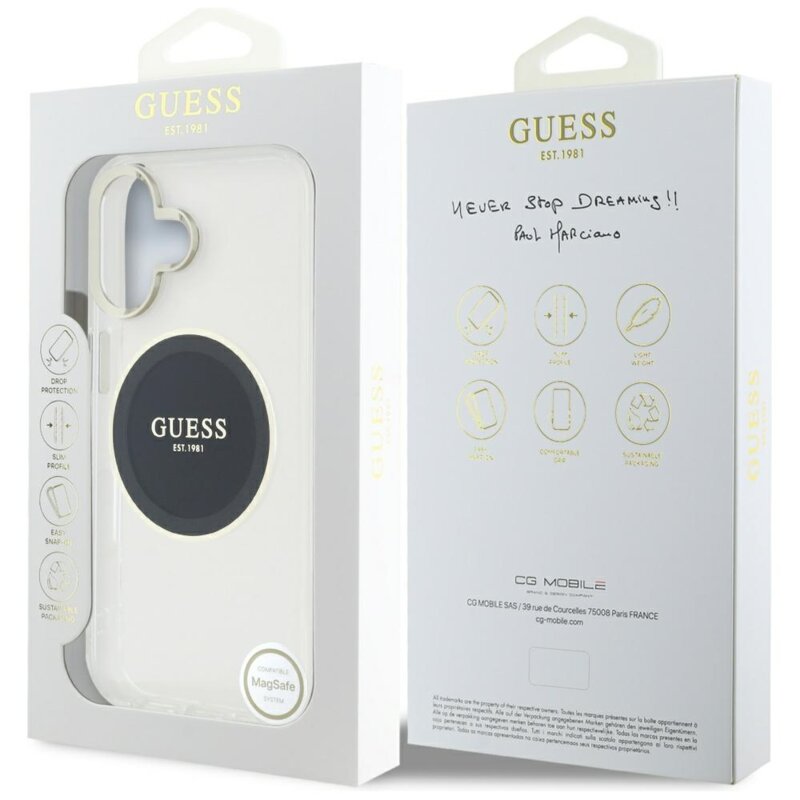 Husa iPhone 16 originala Guess IML Metal Colored Circle MagSafe, negru, GUHMP16SHTDRCEDK
