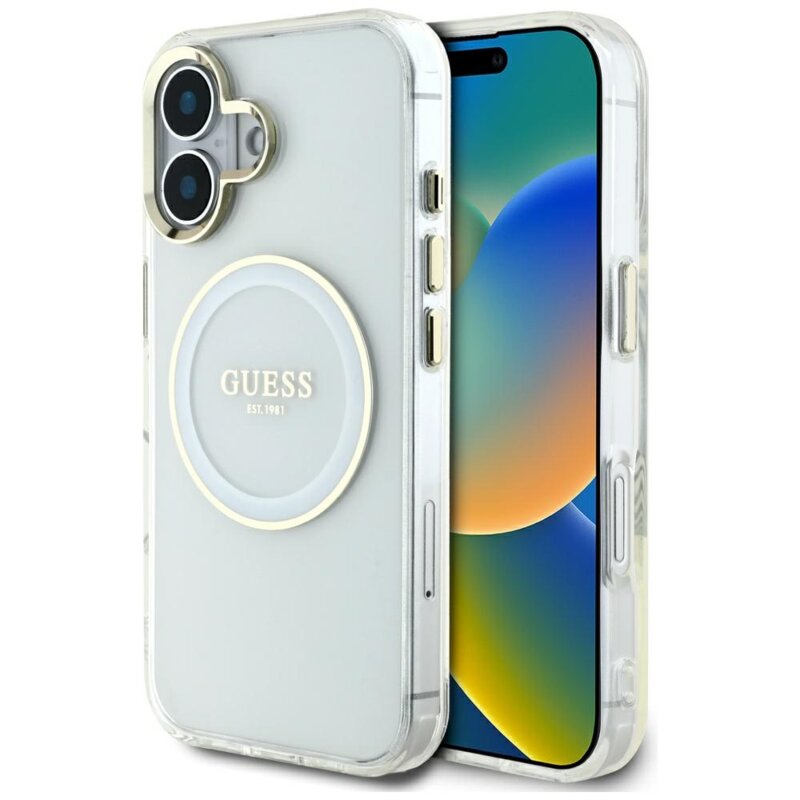 Husa iPhone 16 originala Guess IML Metal Colored Circle MagSafe, alb, GUHMP16SHTDRCEDH