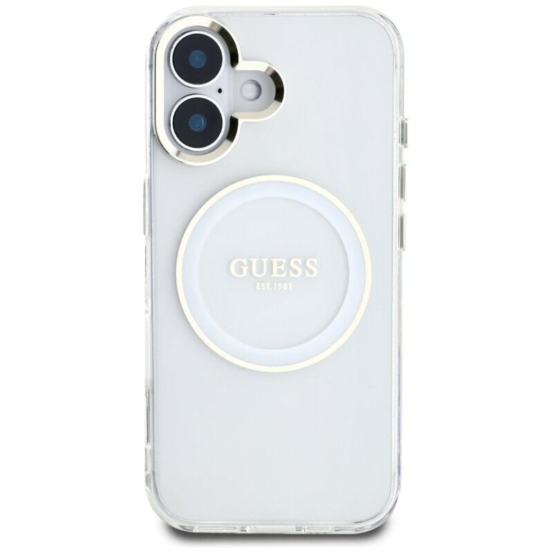 Husa iPhone 16 originala Guess IML Metal Colored Circle MagSafe, alb, GUHMP16SHTDRCEDH