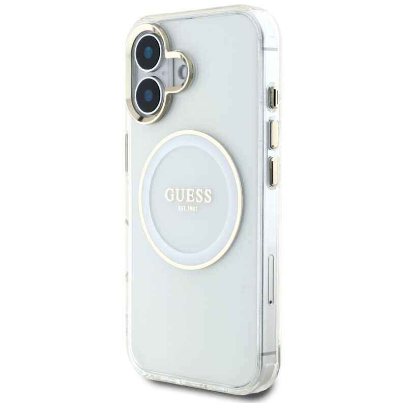 Husa iPhone 16 originala Guess IML Metal Colored Circle MagSafe, alb, GUHMP16SHTDRCEDH