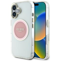 Husa iPhone 16 originala Guess IML Metal Colored Circle MagSafe, roz, GUHMP16SHTDRCEDP