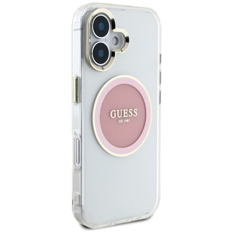 Husa iPhone 16 originala Guess IML Metal Colored Circle MagSafe, roz, GUHMP16SHTDRCEDP