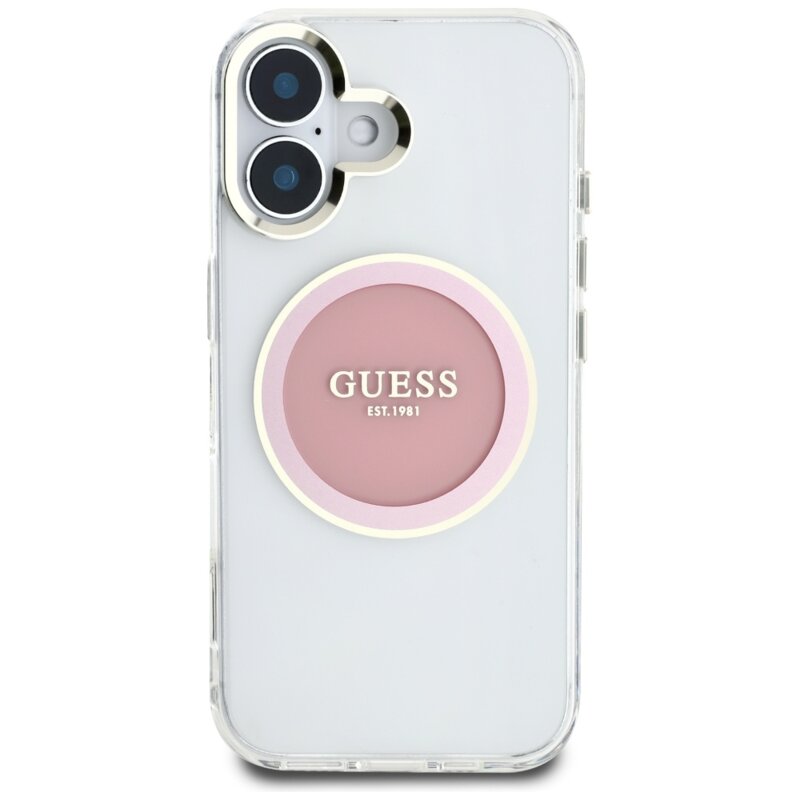 Husa iPhone 16 originala Guess IML Metal Colored Circle MagSafe, roz, GUHMP16SHTDRCEDP