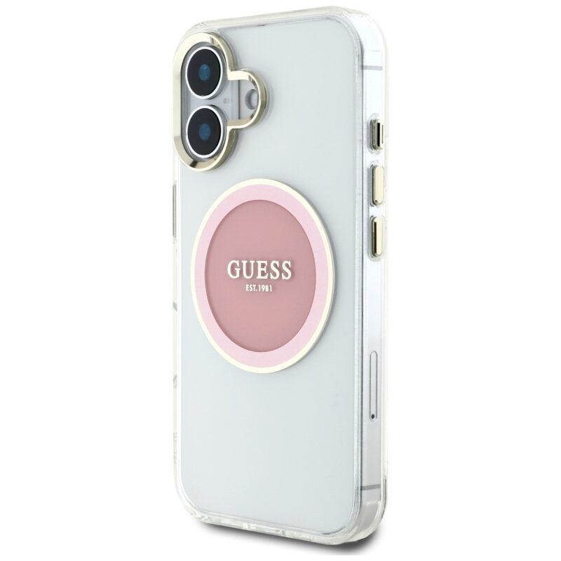 Husa iPhone 16 originala Guess IML Metal Colored Circle MagSafe, roz, GUHMP16SHTDRCEDP