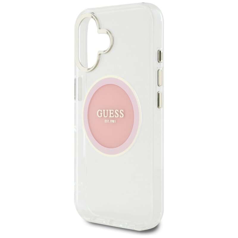 Husa iPhone 16 originala Guess IML Metal Colored Circle MagSafe, roz, GUHMP16SHTDRCEDP
