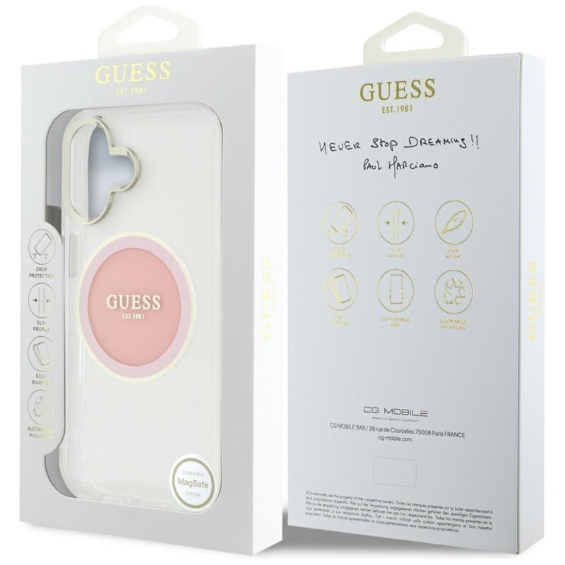 Husa iPhone 16 originala Guess IML Metal Colored Circle MagSafe, roz, GUHMP16SHTDRCEDP