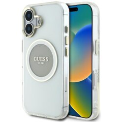 Husa iPhone 16 originala Guess IML Metal Colored Circle MagSafe, gri, GUHMP16SHTDRCEDG