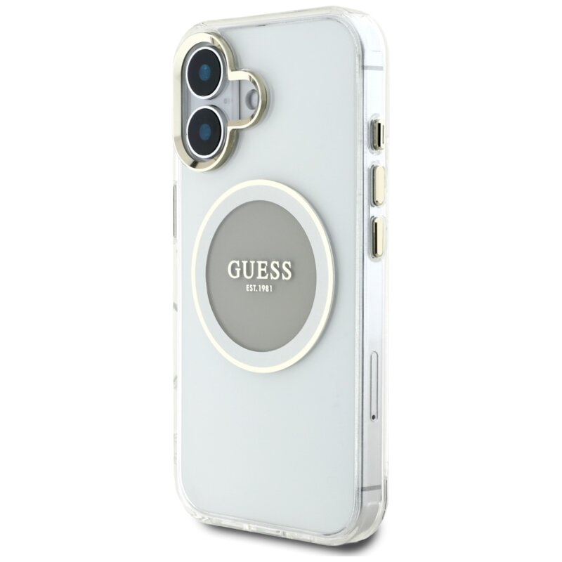 Husa iPhone 16 originala Guess IML Metal Colored Circle MagSafe, gri, GUHMP16SHTDRCEDG