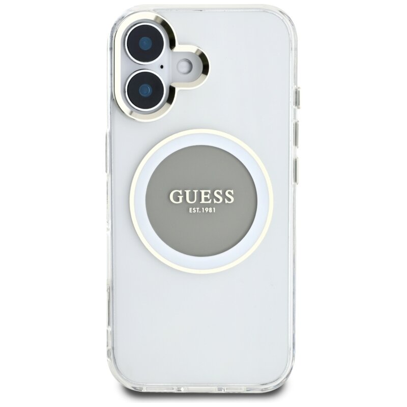 Husa iPhone 16 originala Guess IML Metal Colored Circle MagSafe, gri, GUHMP16SHTDRCEDG