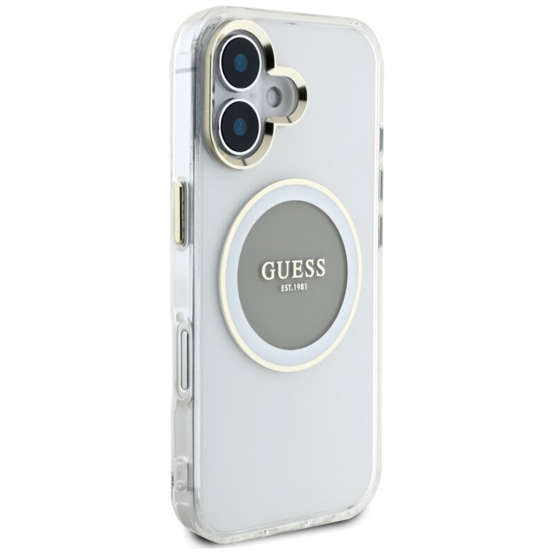Husa iPhone 16 originala Guess IML Metal Colored Circle MagSafe, gri, GUHMP16SHTDRCEDG