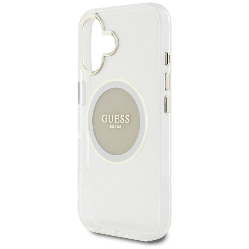 Husa iPhone 16 originala Guess IML Metal Colored Circle MagSafe, gri, GUHMP16SHTDRCEDG