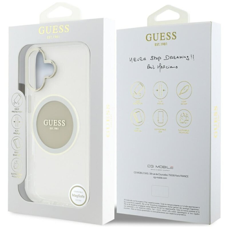 Husa iPhone 16 originala Guess IML Metal Colored Circle MagSafe, gri, GUHMP16SHTDRCEDG