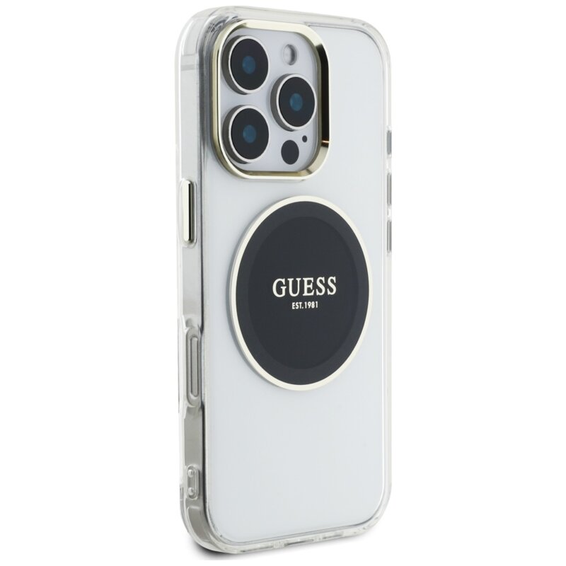 Husa iPhone 16 Pro originala Guess IML Metal Colored Circle MagSafe, negru, GUHMP16LHTDRCEDK
