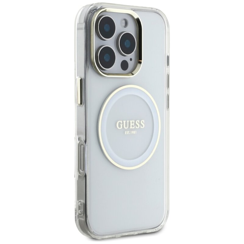 Husa iPhone 16 Pro originala Guess IML Metal Colored Circle MagSafe, alb, GUHMP16LHTDRCEDH