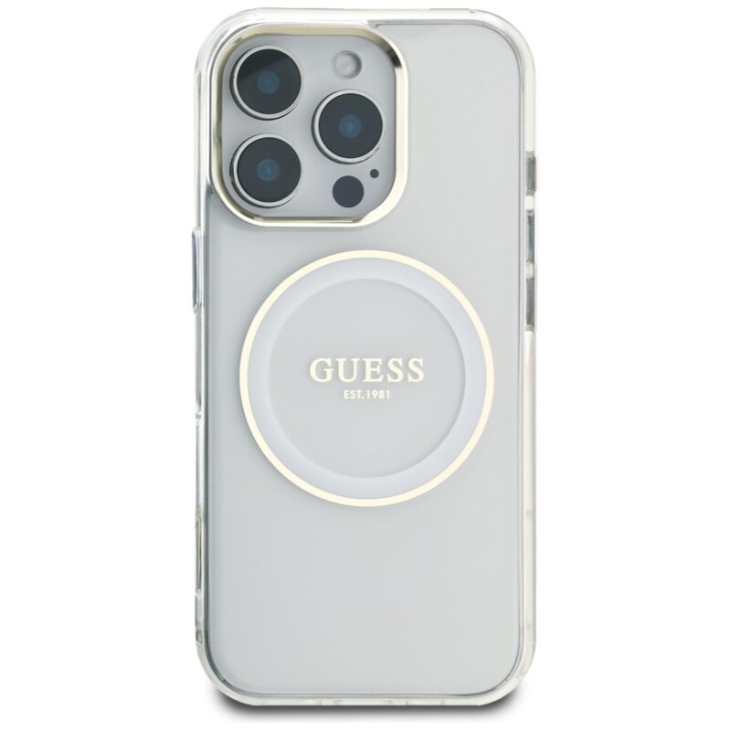 Husa iPhone 16 Pro originala Guess IML Metal Colored Circle MagSafe, alb, GUHMP16LHTDRCEDH