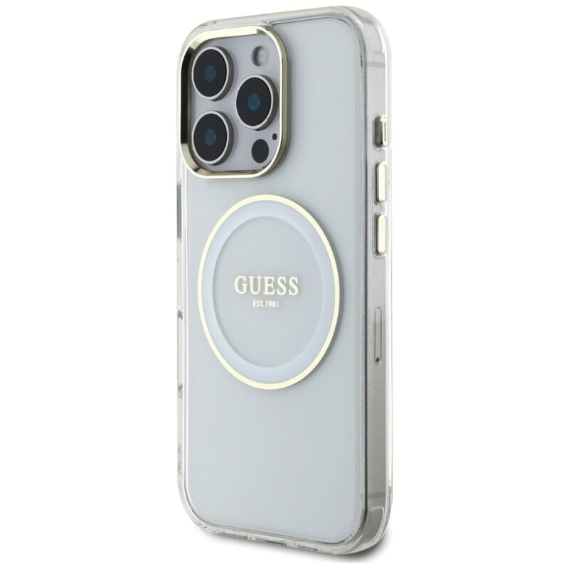Husa iPhone 16 Pro originala Guess IML Metal Colored Circle MagSafe, alb, GUHMP16LHTDRCEDH