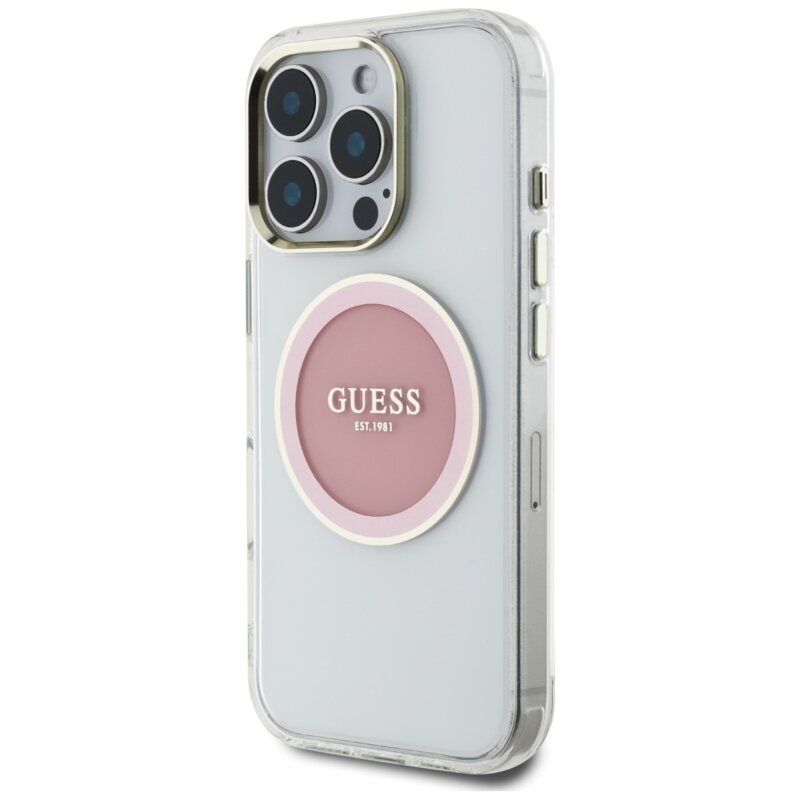 Husa iPhone 16 Pro originala Guess IML Metal Colored Circle MagSafe, roz, GUHMP16LHTDRCEDP