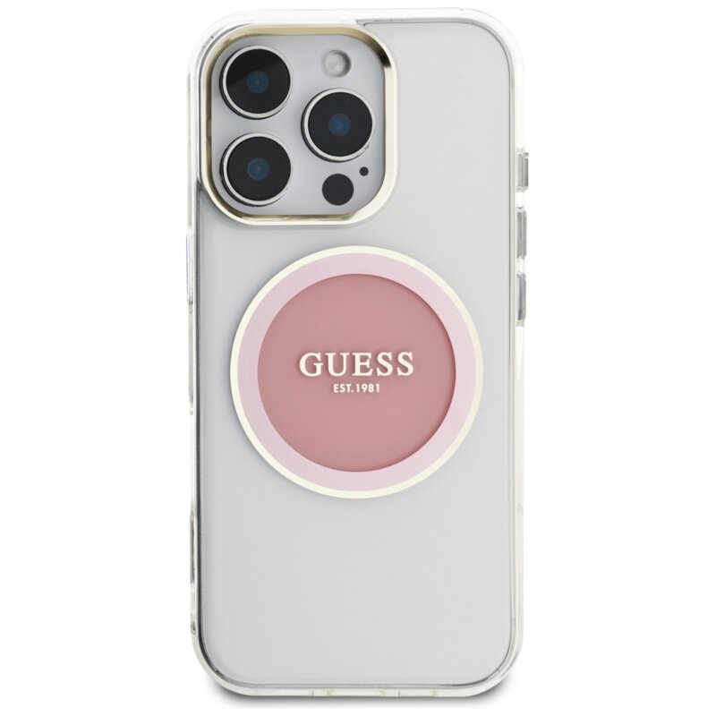 Husa iPhone 16 Pro originala Guess IML Metal Colored Circle MagSafe, roz, GUHMP16LHTDRCEDP