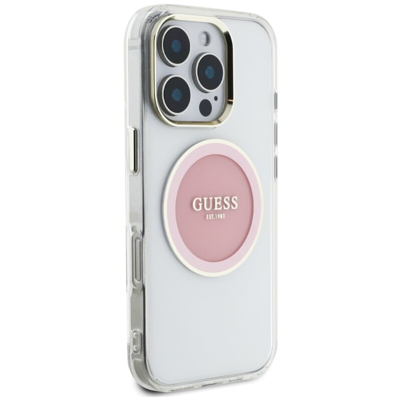 Husa iPhone 16 Pro originala Guess IML Metal Colored Circle MagSafe, roz, GUHMP16LHTDRCEDP