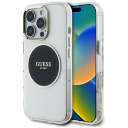 Husa iPhone 16 Pro Max originala Guess IML Metal Colored Circle MagSafe, negru, GUHMP16XHTDRCEDK
