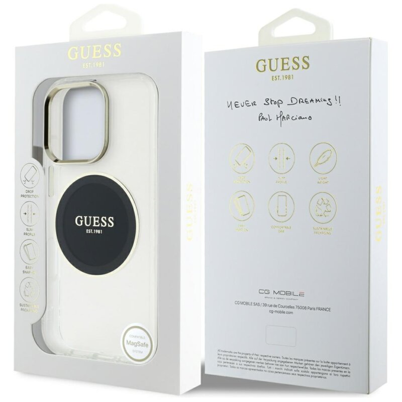 Husa iPhone 16 Pro Max originala Guess IML Metal Colored Circle MagSafe, negru, GUHMP16XHTDRCEDK