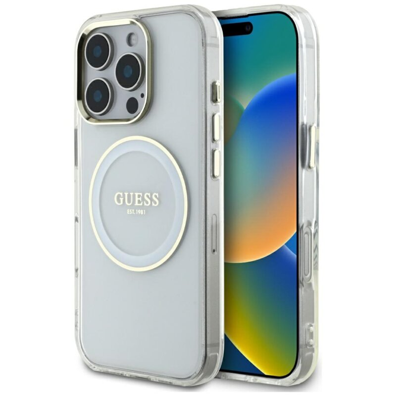 Husa iPhone 16 Pro Max originala Guess IML Metal Colored Circle MagSafe, alb, GUHMP16XHTDRCEDH