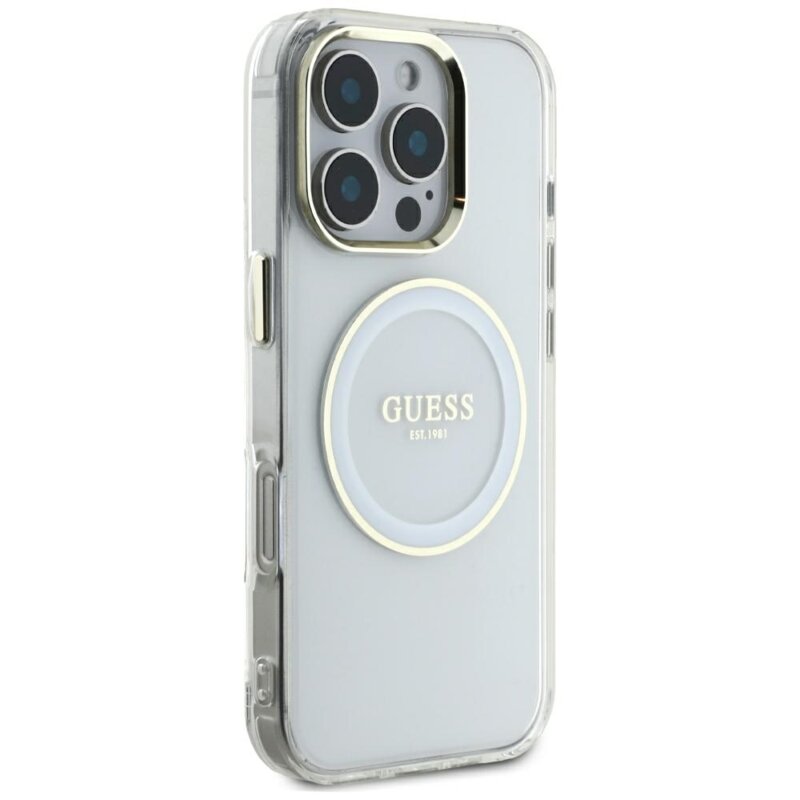 Husa iPhone 16 Pro Max originala Guess IML Metal Colored Circle MagSafe, alb, GUHMP16XHTDRCEDH