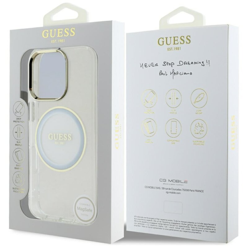 Husa iPhone 16 Pro Max originala Guess IML Metal Colored Circle MagSafe, alb, GUHMP16XHTDRCEDH