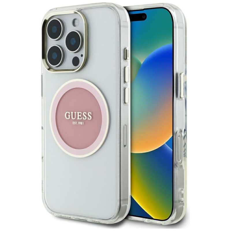 Husa iPhone 16 Pro Max originala Guess IML Metal Colored Circle MagSafe, roz, GUHMP16XHTDRCEDP