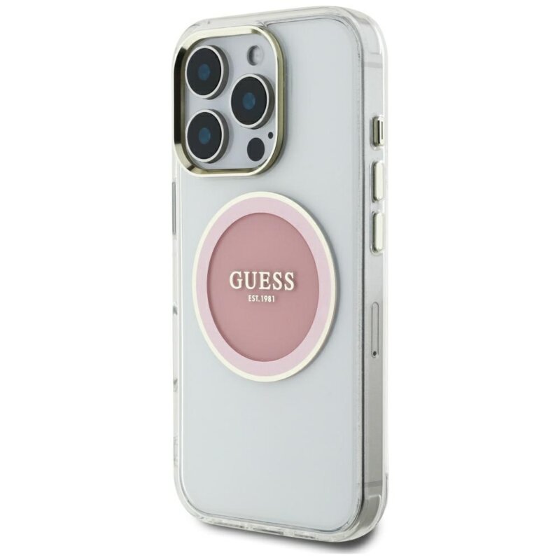 Husa iPhone 16 Pro Max originala Guess IML Metal Colored Circle MagSafe, roz, GUHMP16XHTDRCEDP