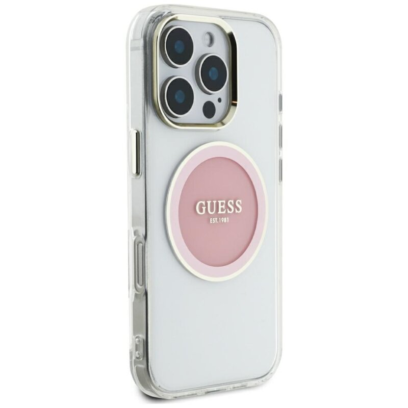 Husa iPhone 16 Pro Max originala Guess IML Metal Colored Circle MagSafe, roz, GUHMP16XHTDRCEDP