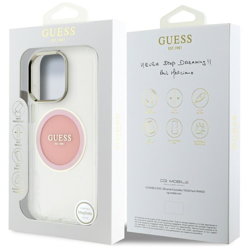 Husa iPhone 16 Pro Max originala Guess IML Metal Colored Circle MagSafe, roz, GUHMP16XHTDRCEDP