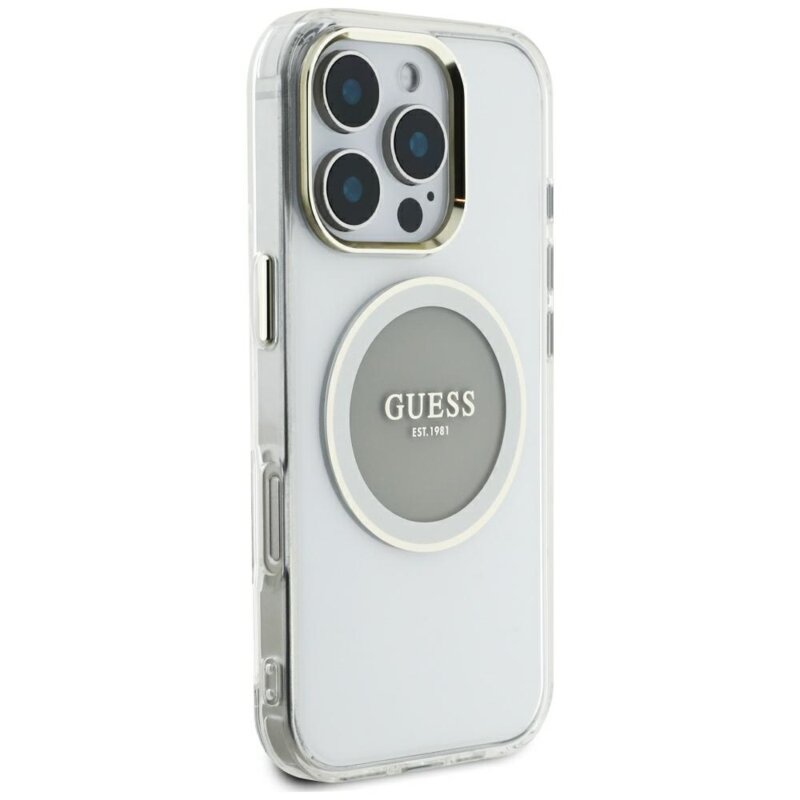 Husa iPhone 16 Pro Max originala Guess IML Metal Colored Circle MagSafe, gri, GUHMP16XHTDRCEDG