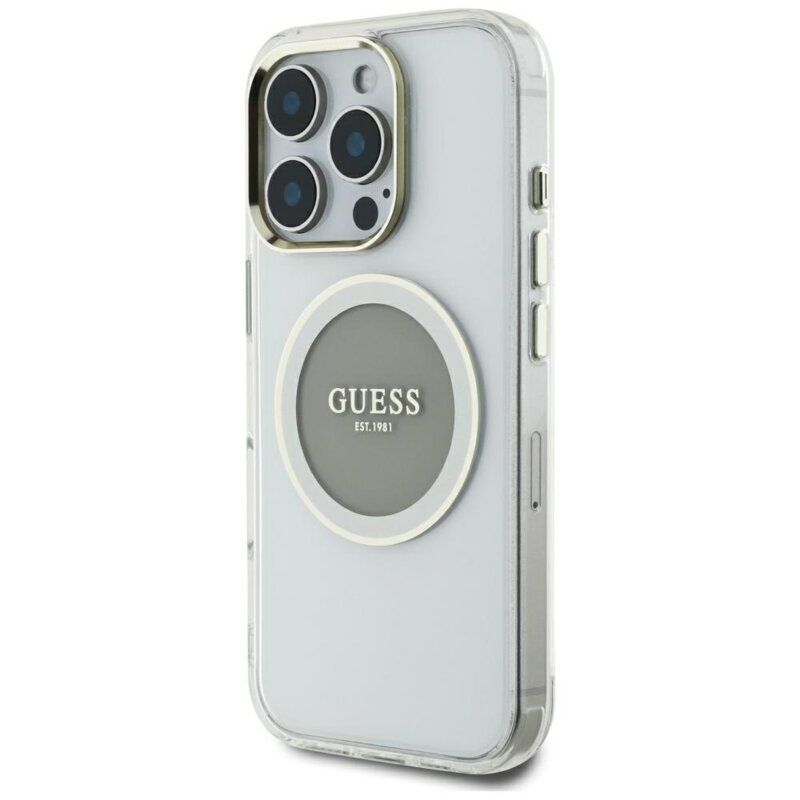 Husa iPhone 16 Pro Max originala Guess IML Metal Colored Circle MagSafe, gri, GUHMP16XHTDRCEDG