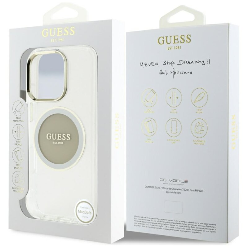 Husa iPhone 16 Pro Max originala Guess IML Metal Colored Circle MagSafe, gri, GUHMP16XHTDRCEDG