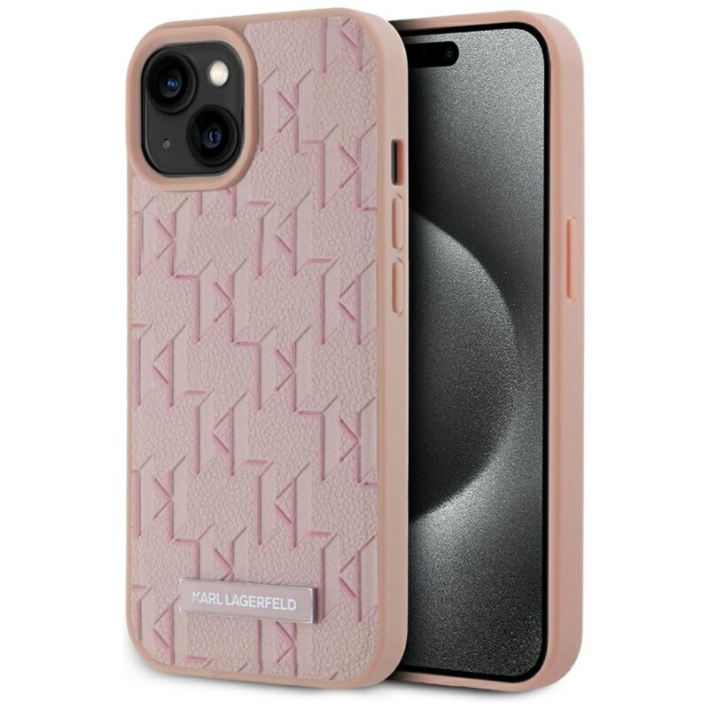 Husa iPhone 15 Karl Lagerfeld Leather MagSafe, roz, Hot Stamp, KLHMP15SPKHPORPP