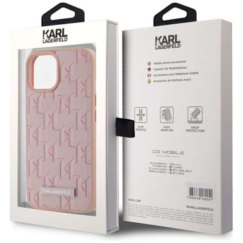 Husa iPhone 15 Karl Lagerfeld Leather MagSafe, roz, Hot Stamp, KLHMP15SPKHPORPP