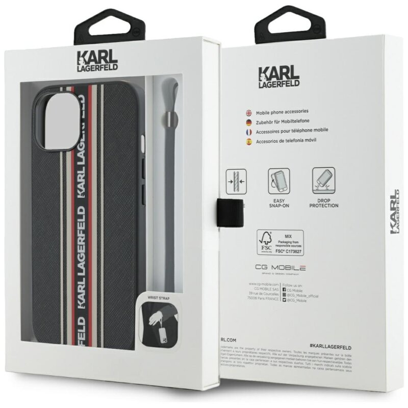 Husa originala iPhone 15 Karl Lagerfeld Saffiano Athleisure Stripes Cord, rosu, KLHCP15SPAMSCNSR