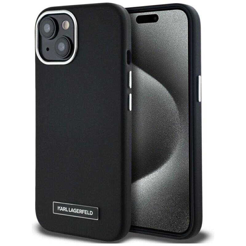 Husa iPhone 15 Karl Lagerfeld Leather MagSafe, FW Metal Plate, negru, KLHMP15SPGMSRPK