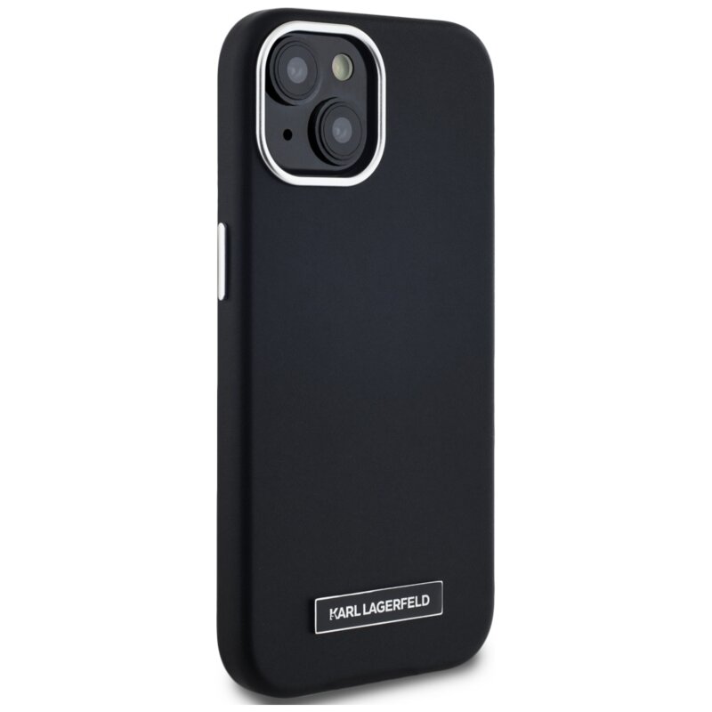 Husa iPhone 15 Karl Lagerfeld Leather MagSafe, FW Metal Plate, negru, KLHMP15SPGMSRPK