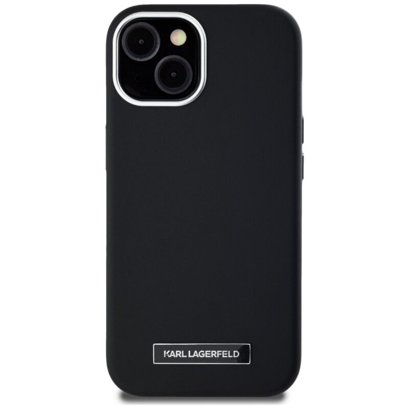 Husa iPhone 15 Karl Lagerfeld Leather MagSafe, FW Metal Plate, negru, KLHMP15SPGMSRPK