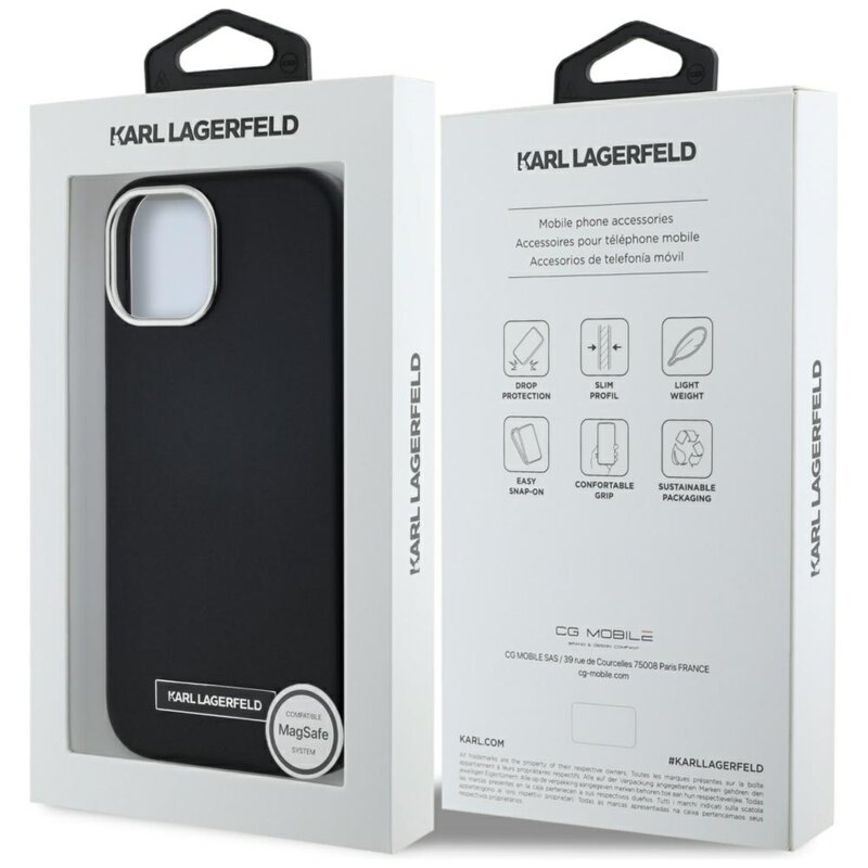 Husa iPhone 15 Karl Lagerfeld Leather MagSafe, FW Metal Plate, negru, KLHMP15SPGMSRPK