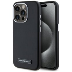 Husa iPhone 15 Pro Karl Lagerfeld Leather MagSafe, FW Metal Plate, negru, KLHMP15LPGMSRPK