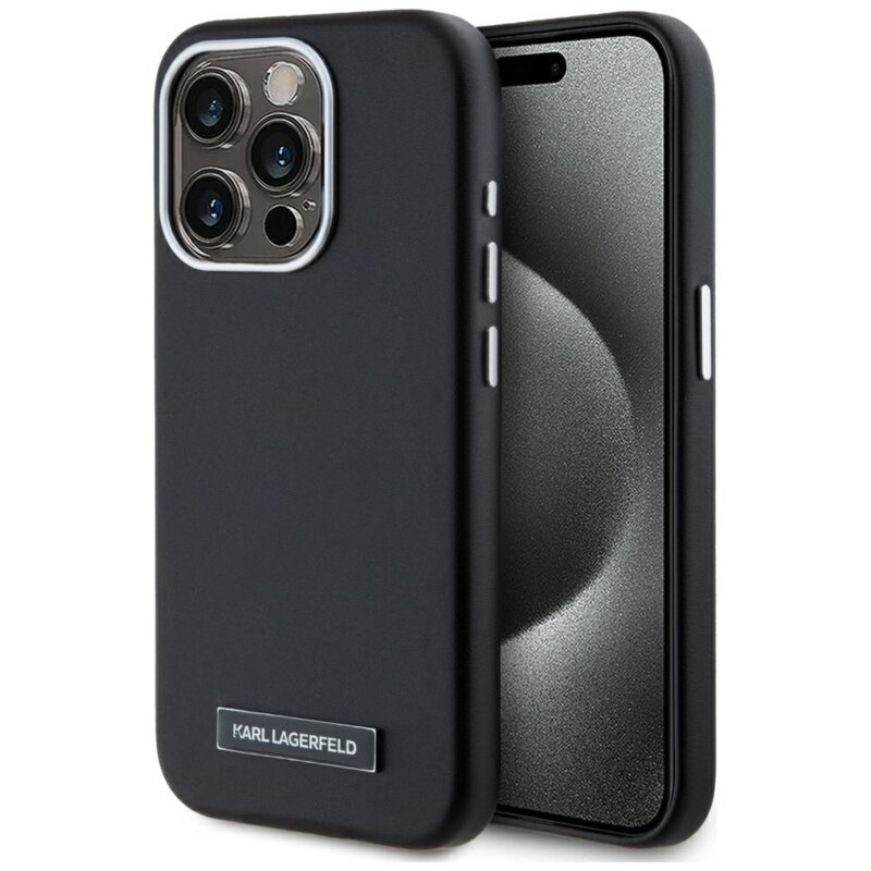 Husa iPhone 15 Pro Karl Lagerfeld Leather MagSafe, FW Metal Plate, negru, KLHMP15LPGMSRPK