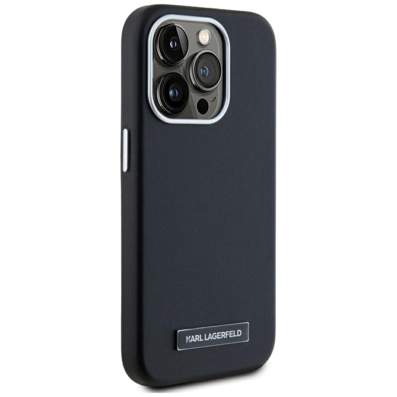 Husa iPhone 15 Pro Karl Lagerfeld Leather MagSafe, FW Metal Plate, negru, KLHMP15LPGMSRPK