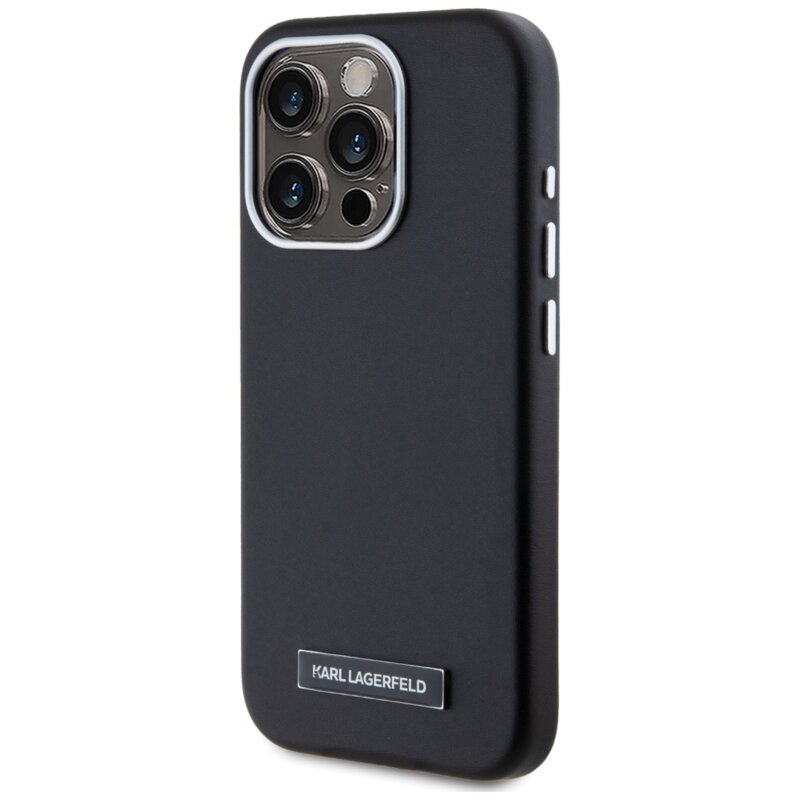 Husa iPhone 15 Pro Max Karl Lagerfeld Leather MagSafe, FW Metal Plate, negru, KLHMP15XPGMSRPK