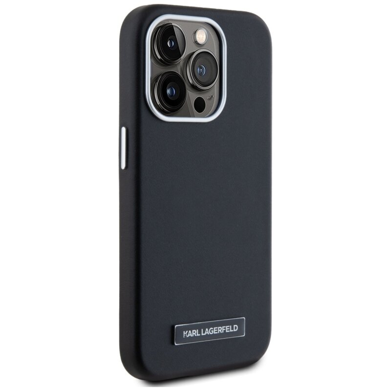 Husa iPhone 15 Pro Max Karl Lagerfeld Leather MagSafe, FW Metal Plate, negru, KLHMP15XPGMSRPK